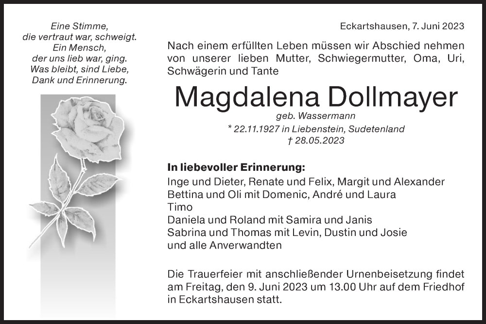  Traueranzeige für Magdalena Dollmayer vom 07.06.2023 aus Haller Tagblatt