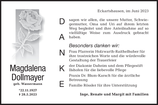 Traueranzeige von Magdalena Dollmayer von Haller Tagblatt