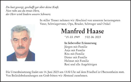 Traueranzeige von Manfred Haase von Haller Tagblatt