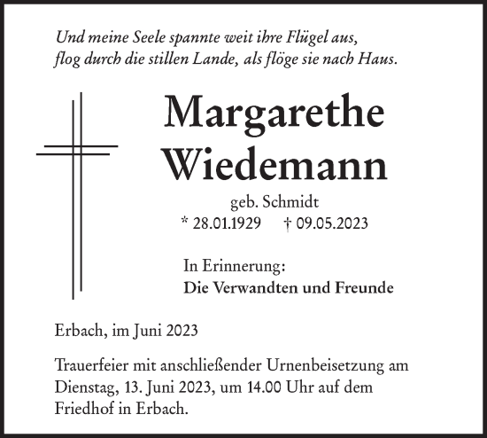 Traueranzeige von Margarethe Wiedemann von SÜDWEST PRESSE Ausgabe Ulm/Neu-Ulm