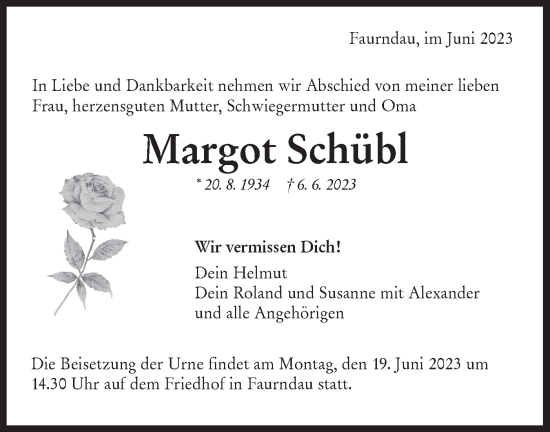 Traueranzeige von Margot Schübl von NWZ Neue Württembergische Zeitung