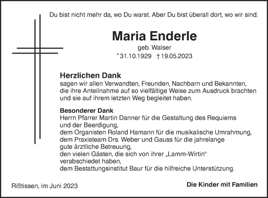 Traueranzeige von Maria Enderle von Ehinger Tagblatt