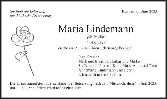 Traueranzeige von Maria Lindemann von NWZ Neue Württembergische Zeitung/Geislinger Zeitung