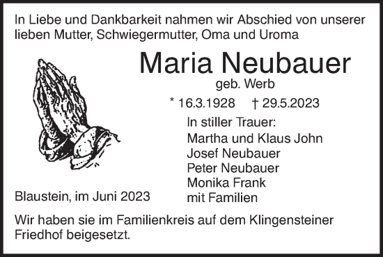 Traueranzeige von Maria Neubauer von SÜDWEST PRESSE Ausgabe Ulm/Neu-Ulm