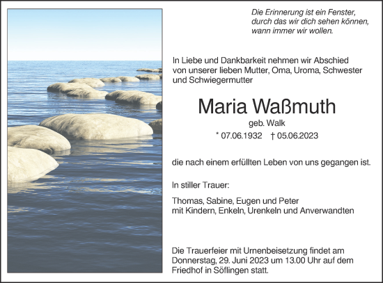 Traueranzeige von Maria Waßmuth von SÜDWEST PRESSE Ausgabe Ulm/Neu-Ulm