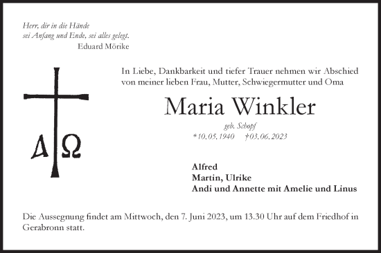 Traueranzeige von Maria Winkler von Hohenloher Tagblatt