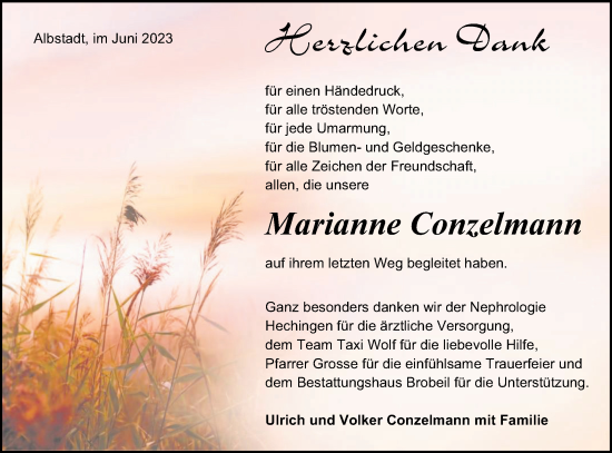 Traueranzeige von Marianne Conzelmann von Hohenzollerische Zeitung