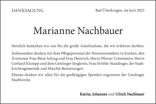 Traueranzeige von Marianne Nachbauer von Geislinger Zeitung