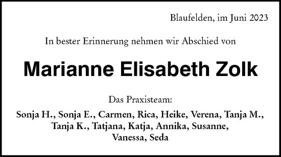 Traueranzeige von Marianne Elisabeth Zolk von Hohenloher Tagblatt