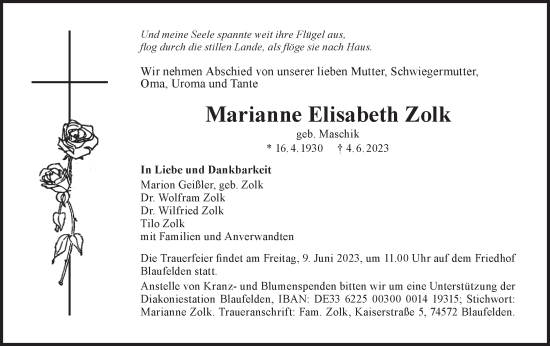 Traueranzeige von Marianne Elisabeth Zolk von Hohenloher Tagblatt