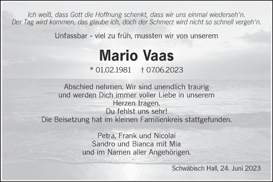 Traueranzeige von Mario Vaas von Haller Tagblatt