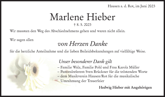 Traueranzeige von Marlene Hieber von Rundschau Gaildorf