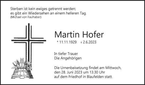 Traueranzeige von Martin Hofer von Hohenloher Tagblatt