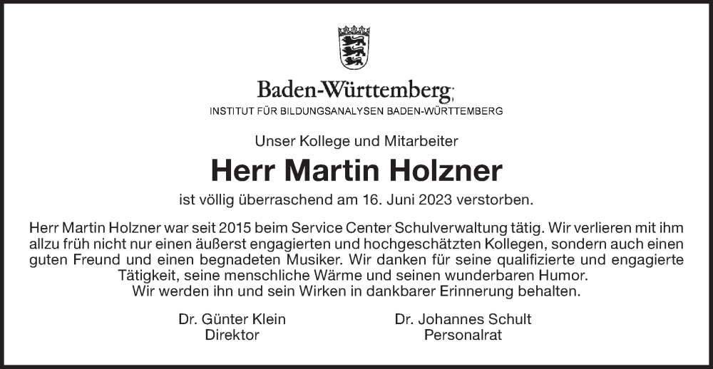  Traueranzeige für Martin Holzner vom 22.06.2023 aus NWZ Neue Württembergische Zeitung