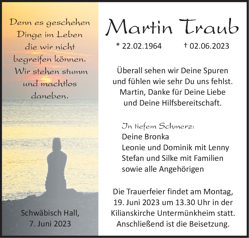  Traueranzeige für Martin Traub vom 07.06.2023 aus Haller Tagblatt