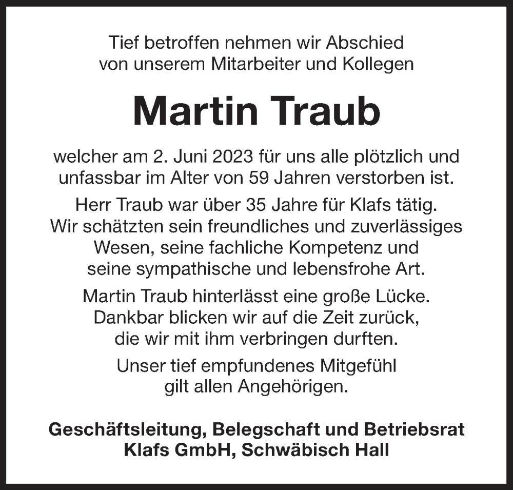  Traueranzeige für Martin Traub vom 07.06.2023 aus Haller Tagblatt