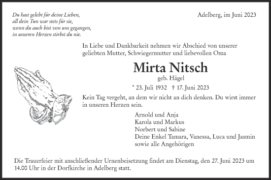 Traueranzeige von Mirta Nitsch von NWZ Neue Württembergische Zeitung