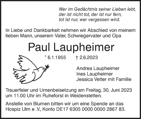 Traueranzeige von Paul Laupheimer von SÜDWEST PRESSE Ausgabe Ulm/Neu-Ulm