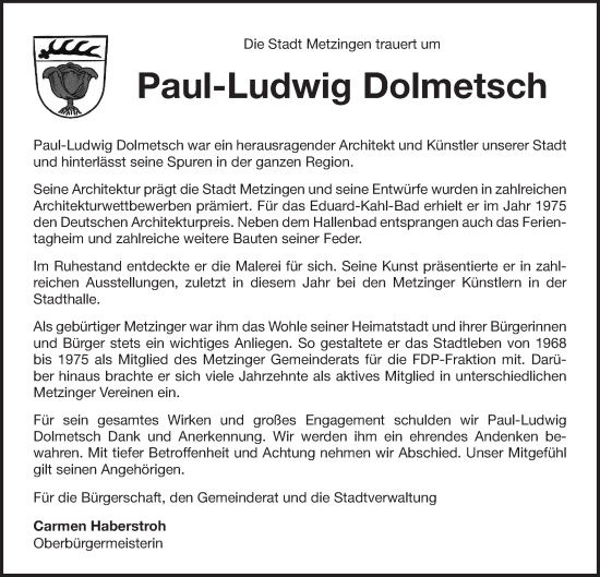 Traueranzeige von Paul-Ludwig Dolmetsch von SÜDWEST PRESSE/SÜDWEST PRESSE