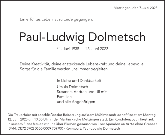 Traueranzeige von Paul-Ludwig Dolmetsch von SÜDWEST PRESSE/SÜDWEST PRESSE