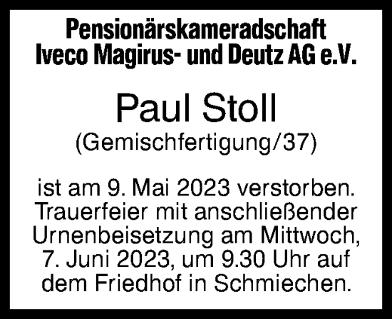 Traueranzeige von Paul Stoll von SÜDWEST PRESSE Ausgabe Ulm/Neu-Ulm