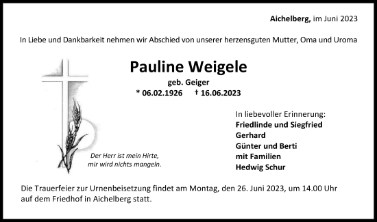 Traueranzeige von Pauline Weigele von NWZ Neue Württembergische Zeitung