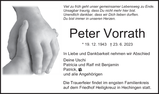 Traueranzeige von Peter Vorrath von Hohenzollerische Zeitung