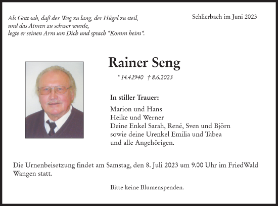 Traueranzeige von Rainer Seng von NWZ Neue Württembergische Zeitung