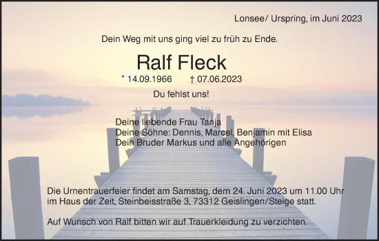 Traueranzeige von Ralf Fleck von SÜDWEST PRESSE Ausgabe Ulm/Neu-Ulm