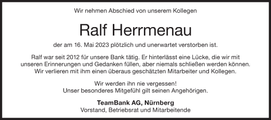 Traueranzeige von Ralf Herrmenau von Haller Tagblatt