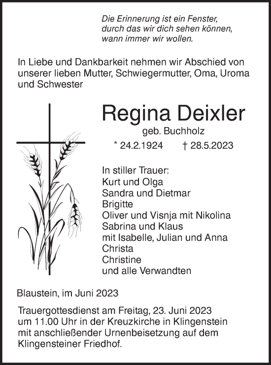 Traueranzeige von Regina Deixler von SÜDWEST PRESSE Ausgabe Ulm/Neu-Ulm