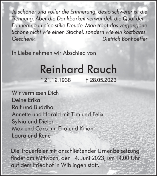 Traueranzeige von Reinhard Rauch von SÜDWEST PRESSE Ausgabe Ulm/Neu-Ulm