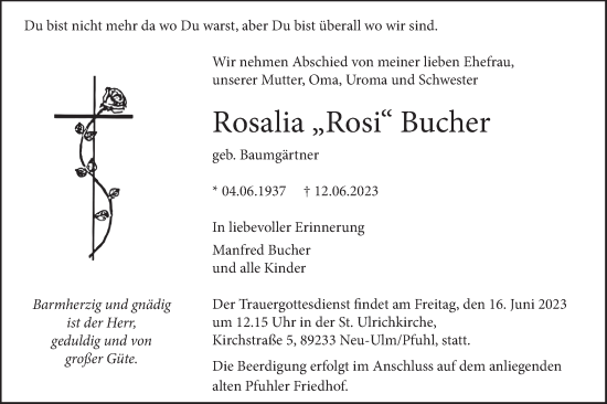 Traueranzeige von Rosalia Bucher von SÜDWEST PRESSE Ausgabe Ulm/Neu-Ulm