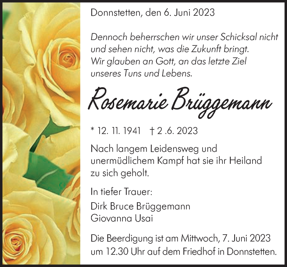  Traueranzeige für Rosemarie Brüggemann vom 06.06.2023 aus Alb-Bote/Metzinger-Uracher Volksblatt