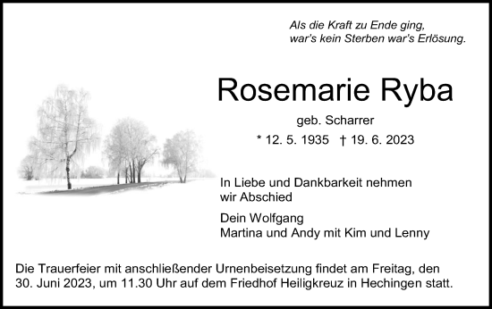 Traueranzeige von Rosemarie Ryba von Hohenzollerische Zeitung