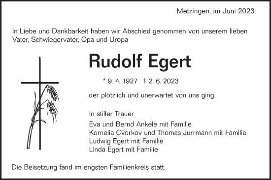 Traueranzeige von Rudolf Egert von SÜDWEST PRESSE/SÜDWEST PRESSE