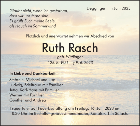 Traueranzeige von Ruth Rasch von NWZ Neue Württembergische Zeitung/Geislinger Zeitung