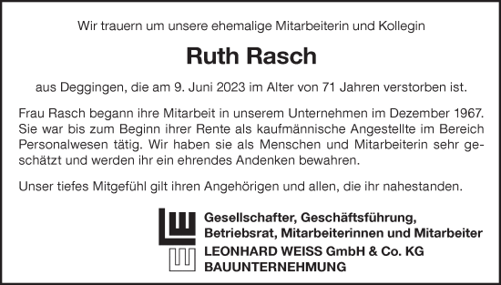 Traueranzeige von Ruth Rasch von NWZ Neue Württembergische Zeitung/Geislinger Zeitung