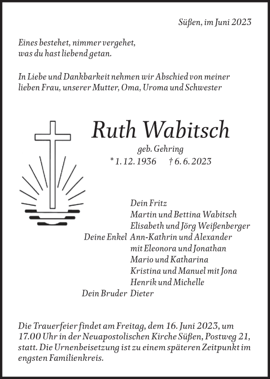 Traueranzeige von Ruth Wabitsch von NWZ Neue Württembergische Zeitung/Geislinger Zeitung