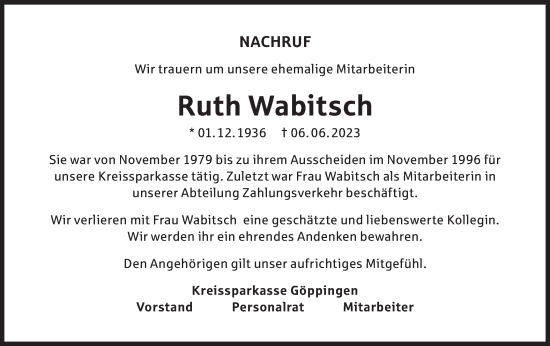 Traueranzeige von Ruth Wabitsch von NWZ Neue Württembergische Zeitung/Geislinger Zeitung