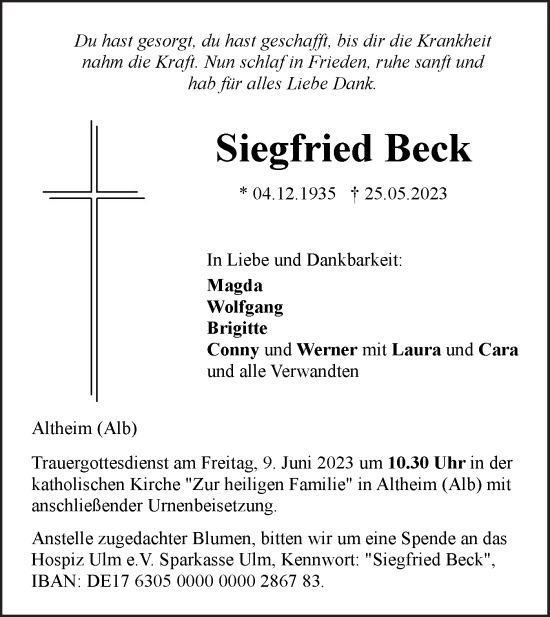 Traueranzeige von Siegfried Beck von SÜDWEST PRESSE Ausgabe Ulm/Neu-Ulm