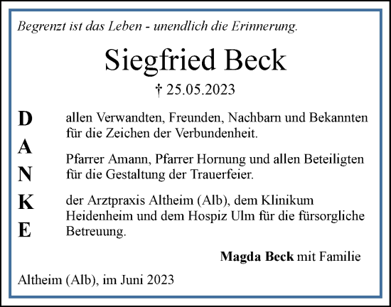 Traueranzeige von Siegfried Beck von SÜDWEST PRESSE Ausgabe Ulm/Neu-Ulm