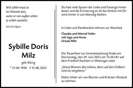 Traueranzeige von Sybille Doris Milz von SÜDWEST PRESSE/SÜDWEST PRESSE