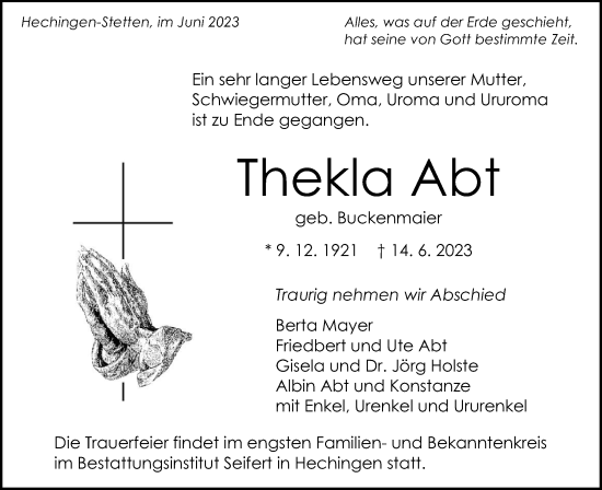 Traueranzeige von Thekla Abt von Hohenzollerische Zeitung