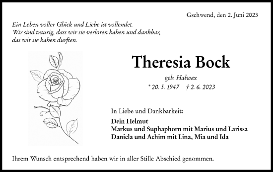 Traueranzeige von Theresia Bock von Rundschau Gaildorf