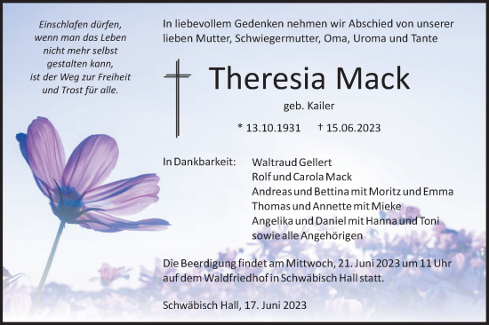 Traueranzeige von Theresia Mack von Haller Tagblatt