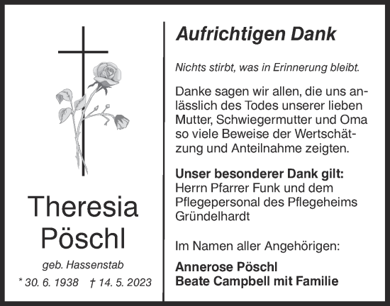 Traueranzeige von Theresia Pöschl von Haller Tagblatt