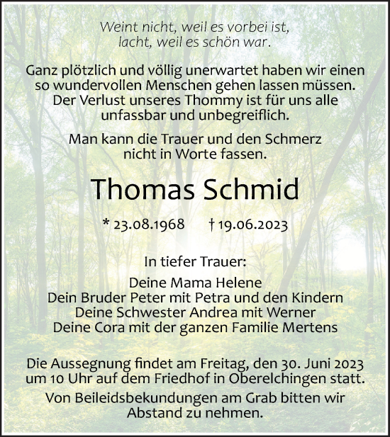 Traueranzeige von Thomas Schmid von SÜDWEST PRESSE Ausgabe Ulm/Neu-Ulm