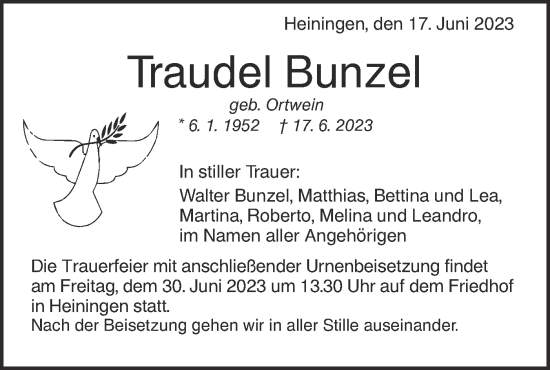 Traueranzeige von Traudel Bunzel von NWZ Neue Württembergische Zeitung