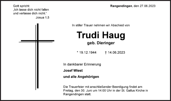 Traueranzeige von Trudi Haug von Hohenzollerische Zeitung